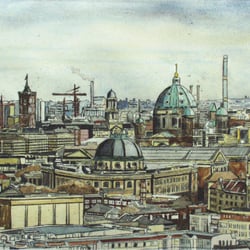 Berlin-Panorama Mitte, Radierung, aquarelliert, 24×32 cm, 2004