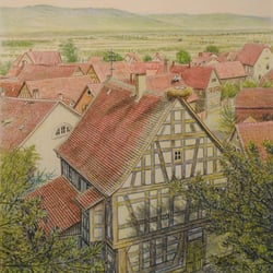 Eschollbrücken, Rathaus um 1936. Buntstifte auf Malkarton