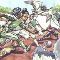Afrikanische Fussballspieler mit Maskottchen