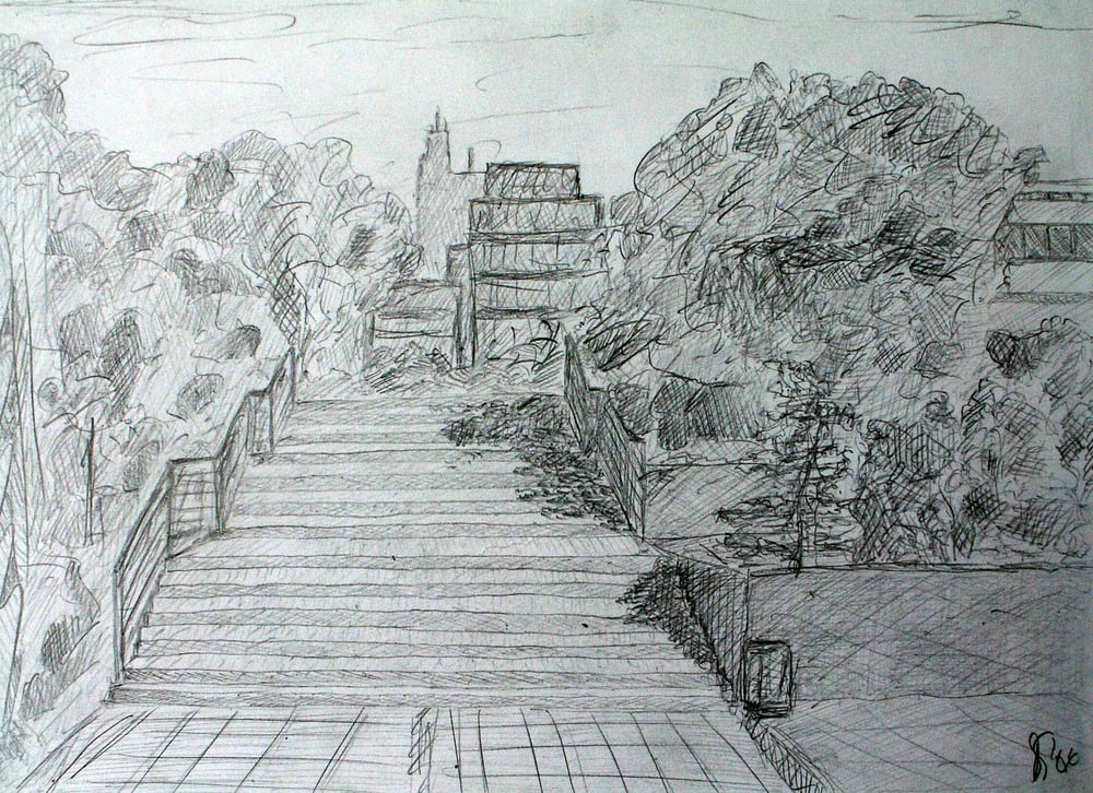 Ein Treppenaufgang, Siegen-Weidenau, Haardter Berg, Blick Richtung Hölderlin-Gebäude der UNI