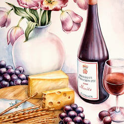 Tulpen, Wein und Käse – Aquarell