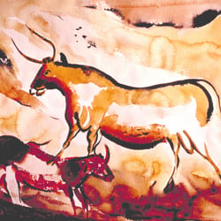 Großer Stier mit roten Kühen, Aquarell/Tusche, 50×69,5 cm, 1994