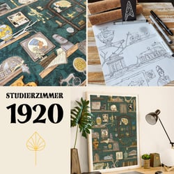 Poster mit Vintage Motiv im Studierzimmer eines Archäologen, personal work