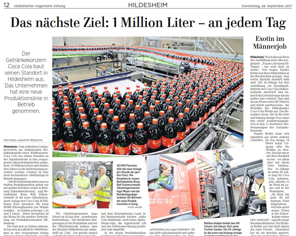 Bericht zur Einweihung einer neue Produktionsstrasse Werk der Coca-Cola European Partners Deutschland GmbH, Hildesheim