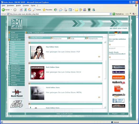 Screenshot Webshop Radar Music Webseite
