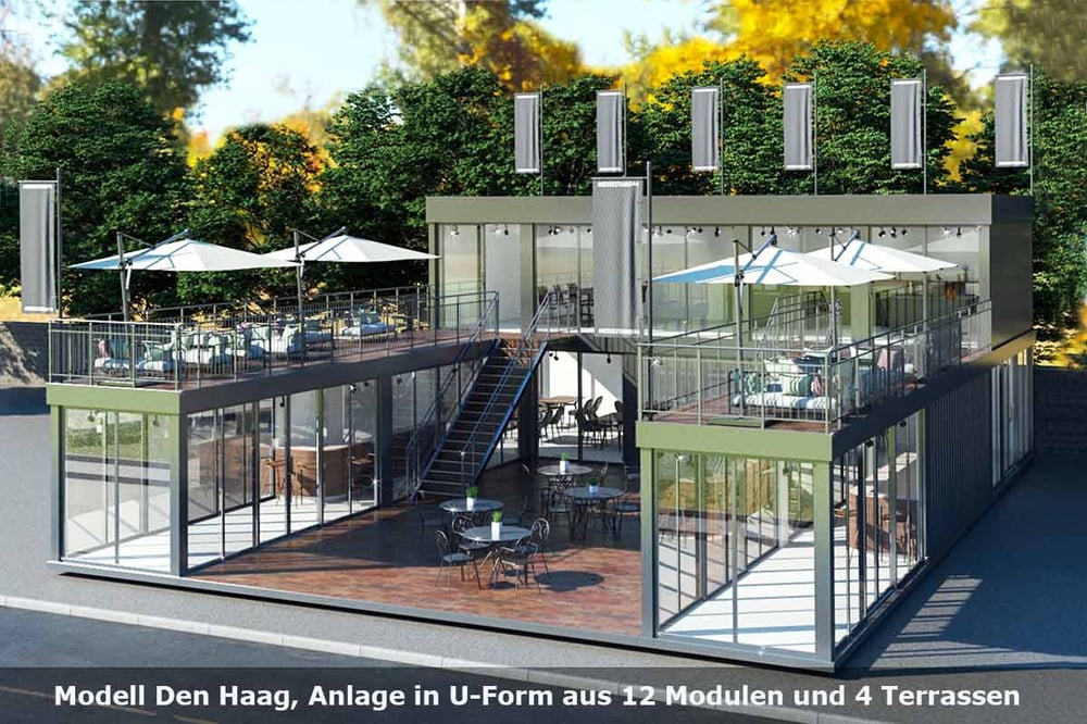 Doppelgeschossige und verglaste Containeranlage aus 12 Einzelcontainern, nutzbar für Messen oder als Bürocontainer