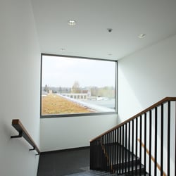 Treppenhaus mit Ausblick auf Flachdachbegrünung