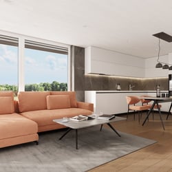 Wohnküche mit orangefarbenem Sofa