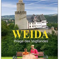 Stadtportrait Weida, Kollage aus 4 Bildern (Himmel, Burg/Wald, Wald/Wiese, Bank)