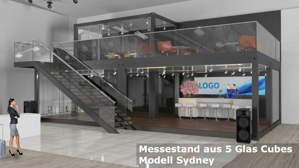 Messestand aus übergroßen Event-Containern inkl. einer Treppenanlage