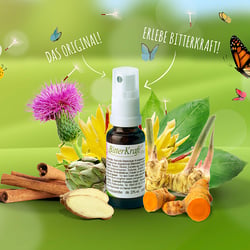 Eine Komposition der verschiedenen Inhaltsstoffe um das Produkt „Bitterkraft“ von Gutsmiedl Produkte herum