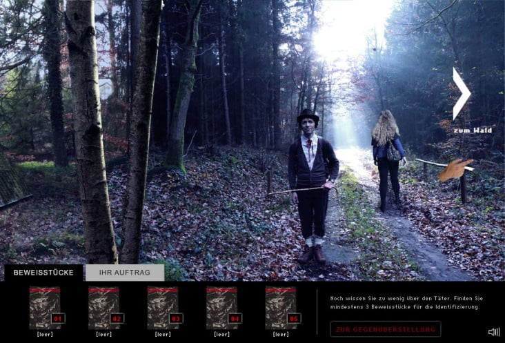 Onlinespiel Fünf: Recherche in der Umgebung des Tatortes.