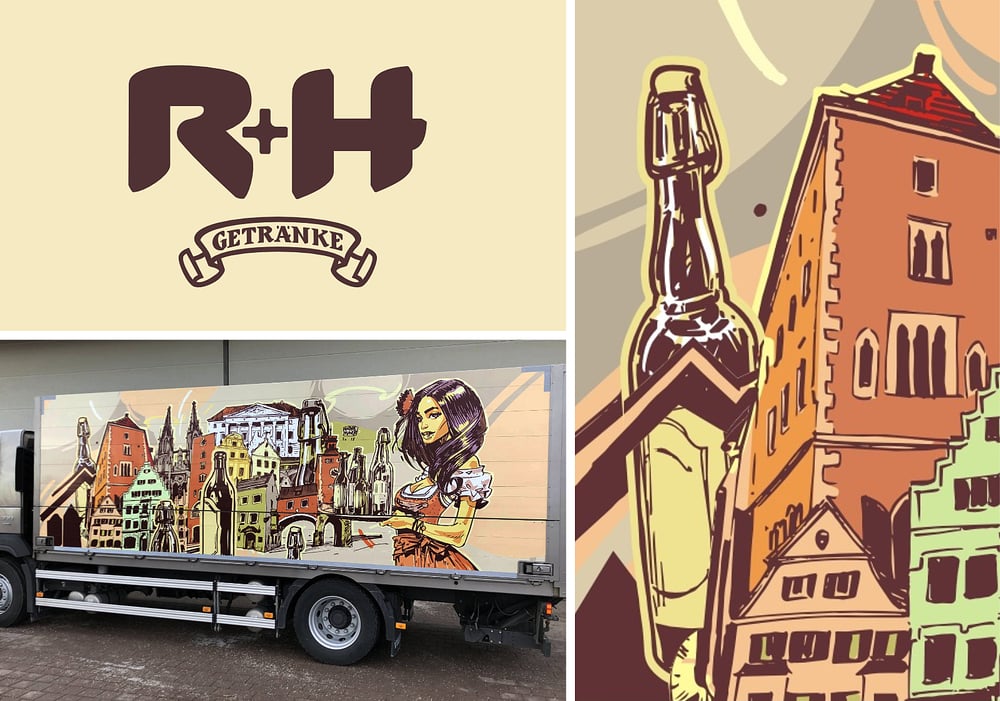 Entwicklung eines Logos R+H, Illustration, Visitenkarte, Autoaufklebers.