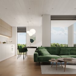 Küchenwohnzimmer mit grünem Sofa