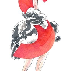 Eleganter Vogel Strauß. „Das fliegende Alphabet“. Aquarell und Tusche, 2020.