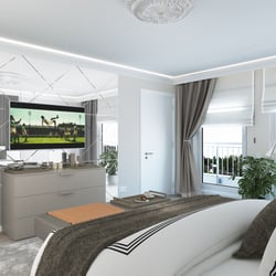 Schlafzimmer mit Dekorspiegelwand