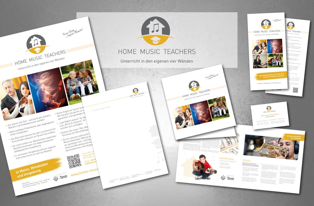 Hier sehen Sie einen Teil der Geschäftsausstattung des neuen Unternehmens „Home Music Teachers“.