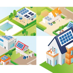 Kleinstadtszene in Isometrie – Essenpreis Erneuerbare Energien – https://essenpreis.de/erneuerbare-energien/