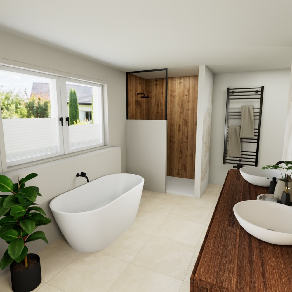 Bad beige Holz mit Deko