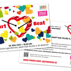 Werbepostkarte für den Trommelgottesdienst »Heart Beat« des stajupfa