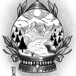 Digitale Schwarz-Weiß Illustration einer Schneekugel mit Landschaft.