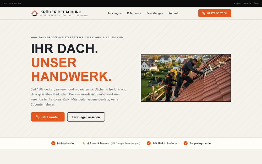 Krüger Bedachung – Demo für einen Dachdecker-Meisterbetrieb