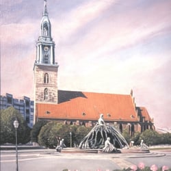 Marienkirche und Neptunbrunnen, Eitempera u. Öl/Lw, 80×60 cm, 1995