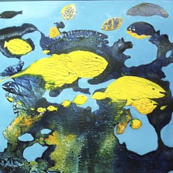 PU 04   Gelber Fischschwarm, Öl a. Leinenkarton, 30×40 cm, 2000