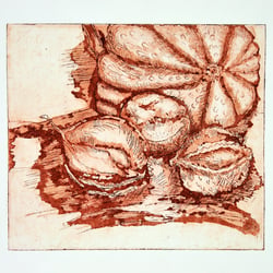 Vera Busch, Stilleben mit Kürbis, Aquatintaradierung, 2009, Offenes Atelier