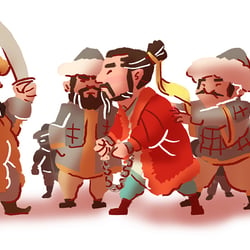 Die Hunnen fangen Zhang Qian, farbige Vignette