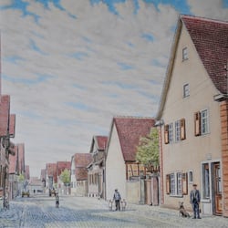 Eschollbrücken Obergasse um 1910. Buntstifte auf Malkaton