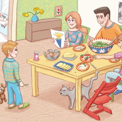 Emil und seine Familie am abendbrottisch, als die Einladung ankommt
