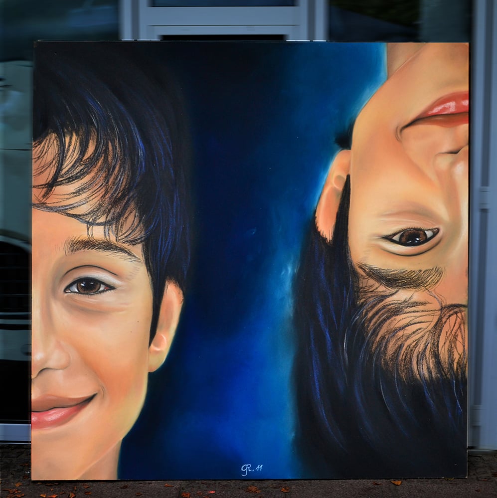 Live Act vor Puplikum,  200 cm x 200 cm auf einer Spanplatte – Pastellmalerei