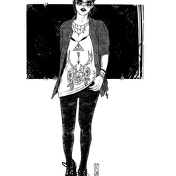 Digitale Schwarz-Weiß Illustration einer modebewussten Frau