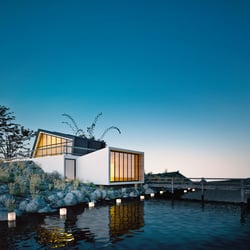 Blaue Stunde Architekturvisualisierung BLICK 3D – Haus am See – Eksi – photoreal Rendering Blue Hour – Sunset Rendering – Kreat