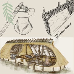 Bronzezeitliches Haus mit Detail-Zeichnung einer Flechtwerkwand, für Zeiteninsel – Archäologisches Freilichtmuseum Marburger La